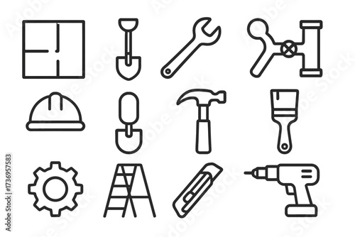 Repair and Renovation Line Icon Pack with Floor Plan Shovel Spanner Pipe Hammer Paint Brush Ladder Utility Tools Modern Vector Design for Websites Apps