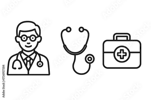 Doctor icon, stethoscope, medical suitcase line art set. Healthcare professional, physician symbol. First aid kit, emergency bag. Medicine, hospital pictogram collection.