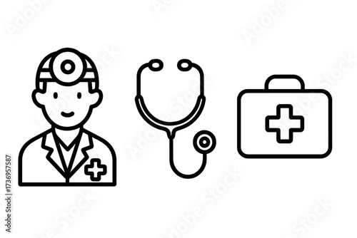 Medical and healthcare icon set. Doctor, stethoscope, first aid kit. Line art illustration for clinic, hospital, and emergency services. Health care professional symbol.