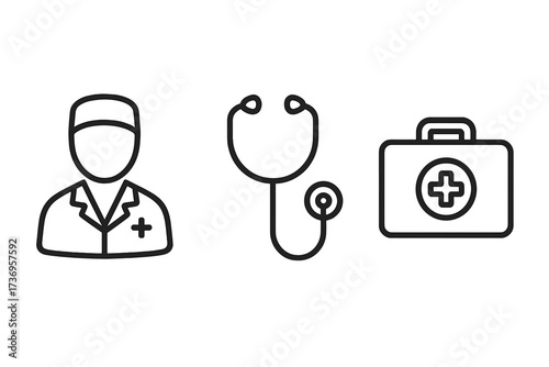 Medical and healthcare line icon set with doctor, stethoscope, and first aid kit. Simple vector symbols for medicine, hospital, and clinical services. Editable stroke concept.