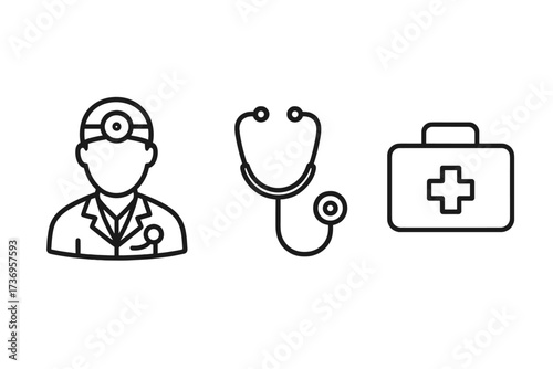 Medical icon set with doctor, stethoscope, first aid kit. Health care professional, emergency case, diagnostic tool line icons. Editable stroke vector for web, app, print.