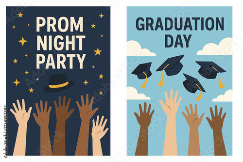 Set of posters for school events. Prom night party and graduation day celebration. Vector illustration with diverse hands, stars, and tossing graduation caps. Flyer design.