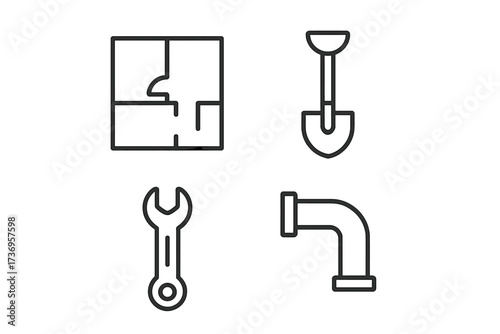 Modern Repair and Renovation Line Icon Pack with Floor Plan, Shovel, Spanner, Pipe for Design, Web, Apps, and Cards, Vector Linear Construction and Maintenance Graphics