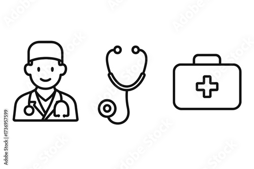 Medical icon set with doctor, stethoscope, first aid kit. Healthcare and medicine concept. Simple line art symbols for hospital, clinic, physician. Vector illustration.