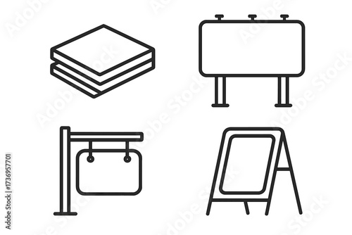 Sandwich panel billboard signboard line icon set, editable stroke minimalistic linear pictograms, commercial advertising design, vector cartoon elements for cards apps banners posts