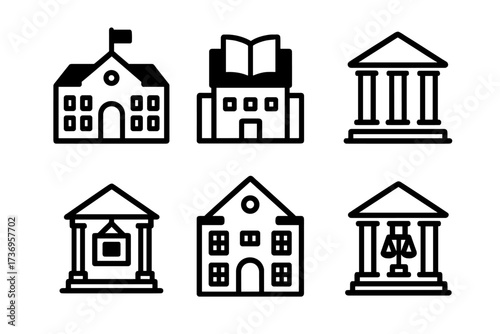 Public building icon set. School, library, courthouse, museum, bank, city hall illustrations. Vector line art symbols for government, education, law, finance and architecture.