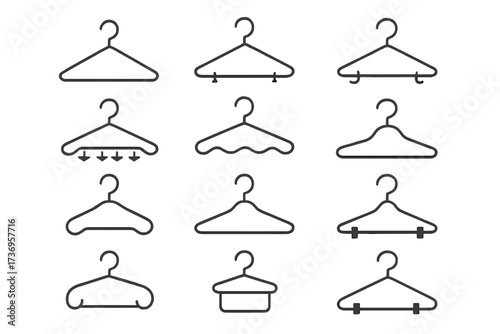 Clothes hanger icon set. Collection of various hangers for clothing, wardrobe, retail. Line art pictogram for fashion design, laundry service, closet organization. Editable stroke.