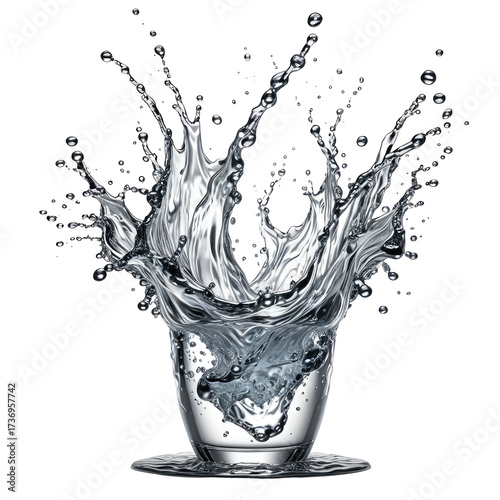 Water splashing from a glass, droplets exploding outwards on black