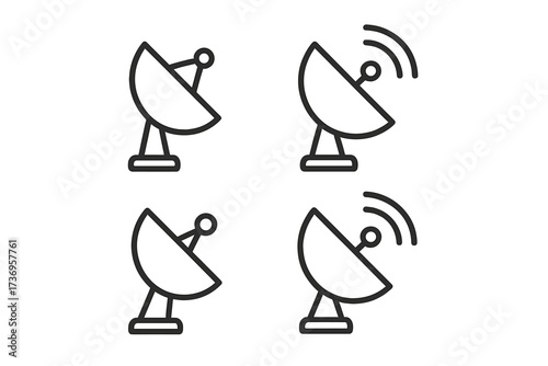 Satellite dish line icon bundle with editable stroke, minimalistic linear pictogram set for technology, communication, network, signal, broadcast, apps, web, and digital design vector illustration