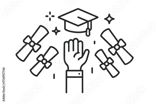 Graduation success icon with hand, diploma, and academic cap. Concept for celebrating educational achievement from school, college or university. Vector thin line illustration.