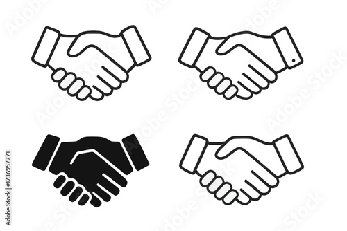 Handshake vector icon set. Symbol of business partnership, agreement, and deal. Shaking hands illustration for cooperation and contract concepts. Line art and silhouette style.