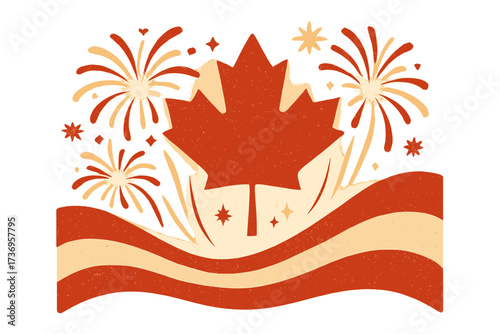 Happy Canada Day, first of July vector illustration. Canadian flag with maple leaf and fireworks. National holiday celebration background. Retro patriotic symbol with vintage texture.