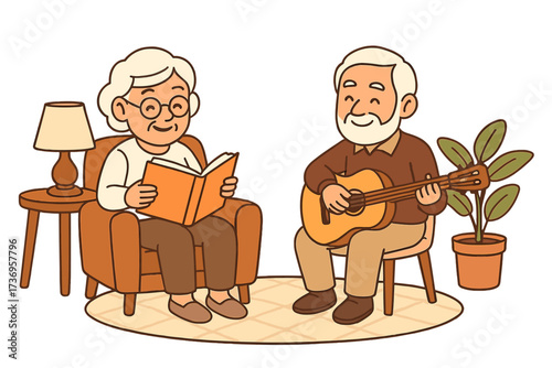 Elderly couple enjoying quality time with book and guitar in cozy living room, senior leisure activity, music and reading, comfortable home scene, vector cartoon illustration
