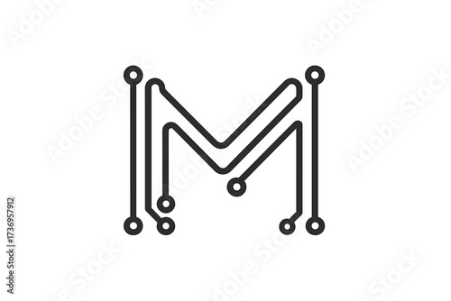 Letter M logo icon design in a minimal tech style. Vector graphic of a circuit board for technology, digital interface, hardware, and engineering concepts. Connection symbol.