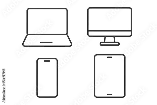 Technology icon set. Laptop, computer monitor, phone, and tablet linear symbols. Digital device outline pictogram collection. Simple vector illustration for app and web design.