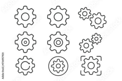 Set of editable linear gear icons, minimalistic outline cogwheel vector elements for app design, UI, interface, mechanism, engineering, technology, settings, adjustments, automation