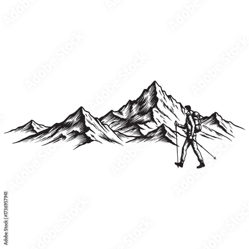 Sketch of a hiker with trekking poles in a mountain landscape