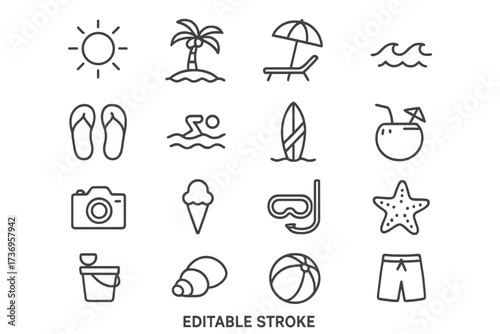 Summer icons set for beach vacations and holidays, includes objects, landscapes, activities, vector thin line illustration with editable stroke, seasonal summer elements and travel essentials