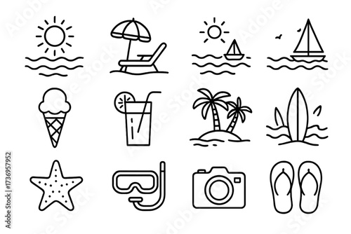 Summer beach icons set with vacation objects, tropical landscapes, activities, and seasonal holiday symbols in editable thin line vector illustration for travel and leisure