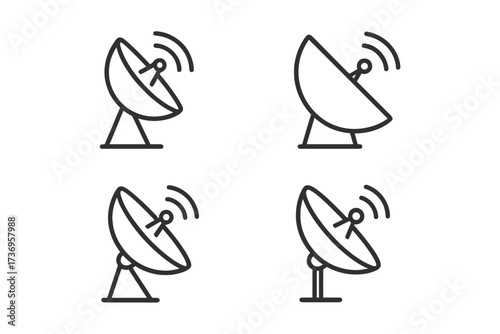 Set of minimalistic satellite dish line icons, editable stroke, linear vector pictogram for communication, technology, signal transmission, apps, banners, digital design elements