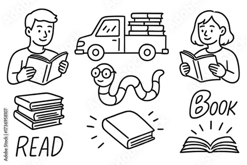 Hand-drawn doodle set of books and readers with bookworm, stack of books, book truck, and reading quotes, linear vector illustration for education and learning concepts