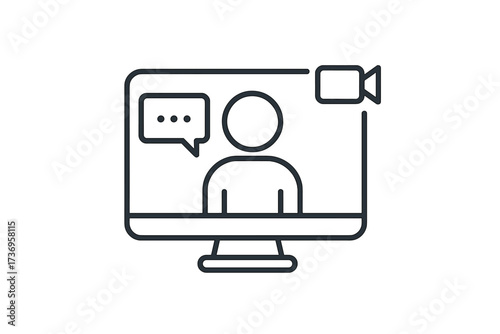 Video conference and online meeting icon. Live stream, webinar, and video call concept. Remote work and e-learning symbol. Digital communication and online chat vector.
