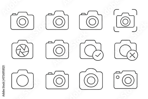 Photo camera line icon pack. Vector outline symbols for photography. Minimalistic pictograms for UI, UX, web, app design. Editable stroke. Includes focus, aperture, shutter, save, delete icons.