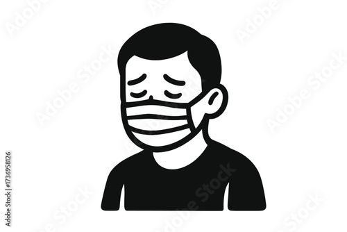 Person in medical face mask. Vector icon tired man. Concept disease, sickness, pandemic, flu, virus. Depression, anxiety, stress, burnout. Sad character. Mental health issue.