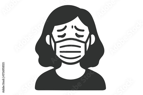 Woman in medical face mask. Vector icon of a sad, depressed, tired person. Concept for sickness, disease, flu, virus, pandemic. Mental health, anxiety, fatigue, burnout illustration.