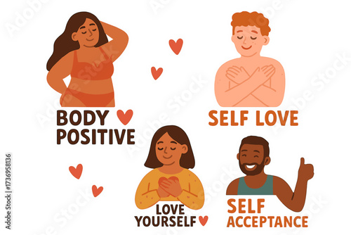 Body positive and self love stickers set with diverse men and women, motivational phrases, heart symbols, self acceptance, love yourself, inclusive flat hand drawn illustration
