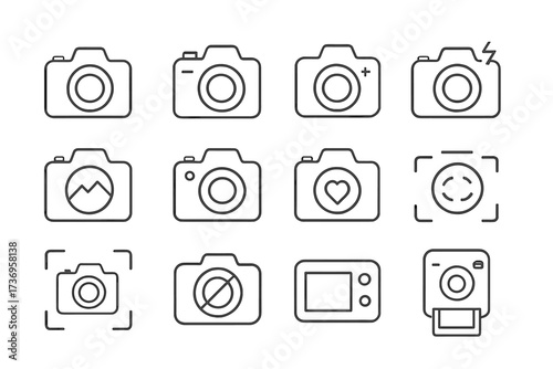 Photo camera line icon set. Vector photography pictogram collection. Minimal outline symbols for web, mobile app, and UI design. Includes flash, focus, instant camera. Editable stroke.