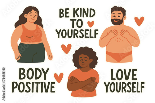 Body positive and self-love stickers set with diverse male and female characters, motivational phrases for self-acceptance, kindness, and mental wellness, hearts decoration