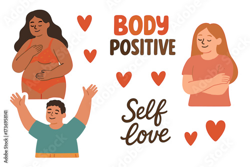 Body Positive and Self Love Stickers Set with Happy Male and Female Characters, Motivational Phrases, Heart Icons, Concept of Self-Acceptance and Body Positivity, Hand-Drawn Style Vector