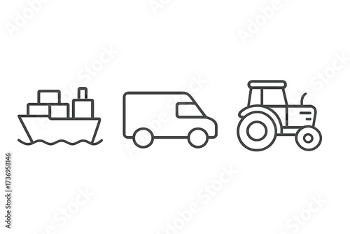 Minimalistic outline icons of cargo ship, delivery van, tractor. Editable stroke linear vector design for apps, banners, cards, posts, transport, logistics symbols