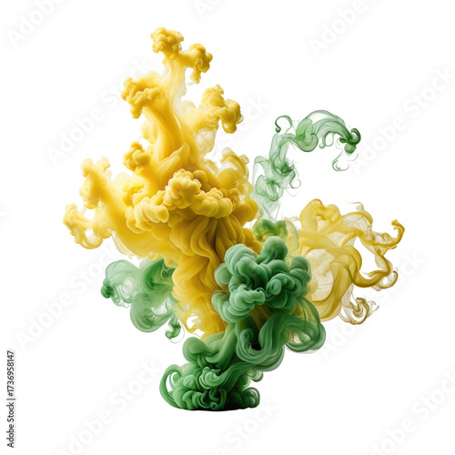 Swirling yellow and green paint clouds on black background