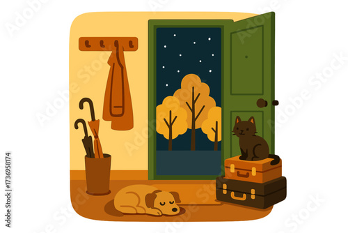 Cozy interior hallway with open door, coat rack, umbrellas, sleeping dog on floor, cat sitting on suitcases, autumn night with yellow trees outside, flat style vector illustration