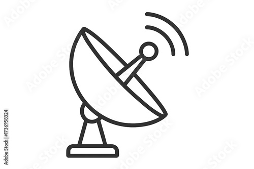 Satellite dish antenna line icon. Communication, broadcast, and signal concept. Technology for data transmission and network connection. Minimal linear vector pictogram design.
