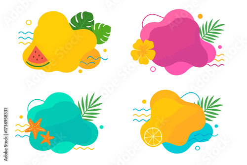 Summer banner set with abstract liquid shapes. Vector sale background. Tropical template collection with watermelon, monstera, lemon. Modern fluid splash for promotion.