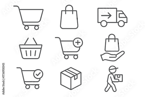 Shopping cart and bag line icons set for delivery, e-commerce, and online stores. Editable stroke vector graphics for websites, apps, cards, and books, cartoon style illustrations.