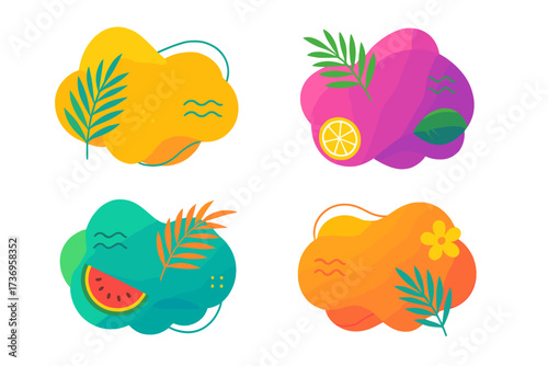 Vector set of trendy colorful summer sale banners with thematic elements. Geometric template with liquid and wavy shapes. Modern abstract tropical fruit and leaf design.