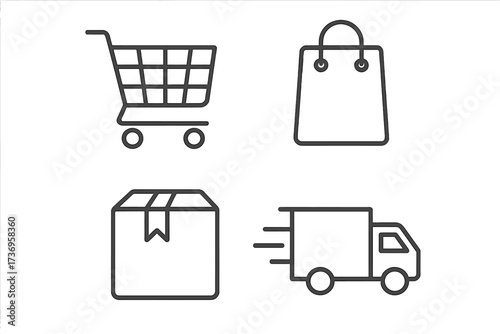 Shopping cart, shopping bag, delivery truck, parcel box icons set in thin line style. Editable stroke vector illustration for web, apps, books, cards, ecommerce, online shopping and delivery concepts