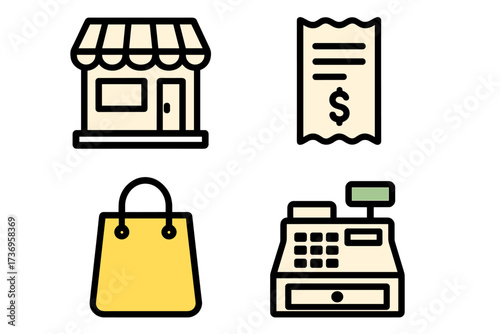 Shopping and retail vector icon set. Line art symbols for e-commerce, store, and sales. Includes shop front, receipt, bag, and cash register for web and app interface design.
