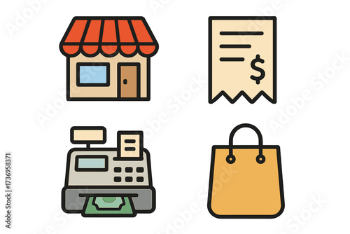 Shopping icon set for business and finance. Vector cartoon collection of store, receipt, cash register, and bag symbols for retail, e-commerce, web design, app, and marketing.