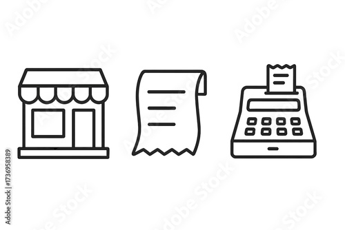 Retail line icon set. Storefront, bill, cash register. Thin line vector symbols for shopping, purchase, payment, checkout. E-commerce & finance icons for web & mobile app.