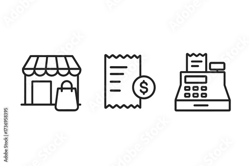 Shopping line icon set. Store, shop, retail concept. Payment, receipt, bill, invoice symbol. Cash register, checkout, cashier machine. Purchase, buy, sale pictogram. Commerce.