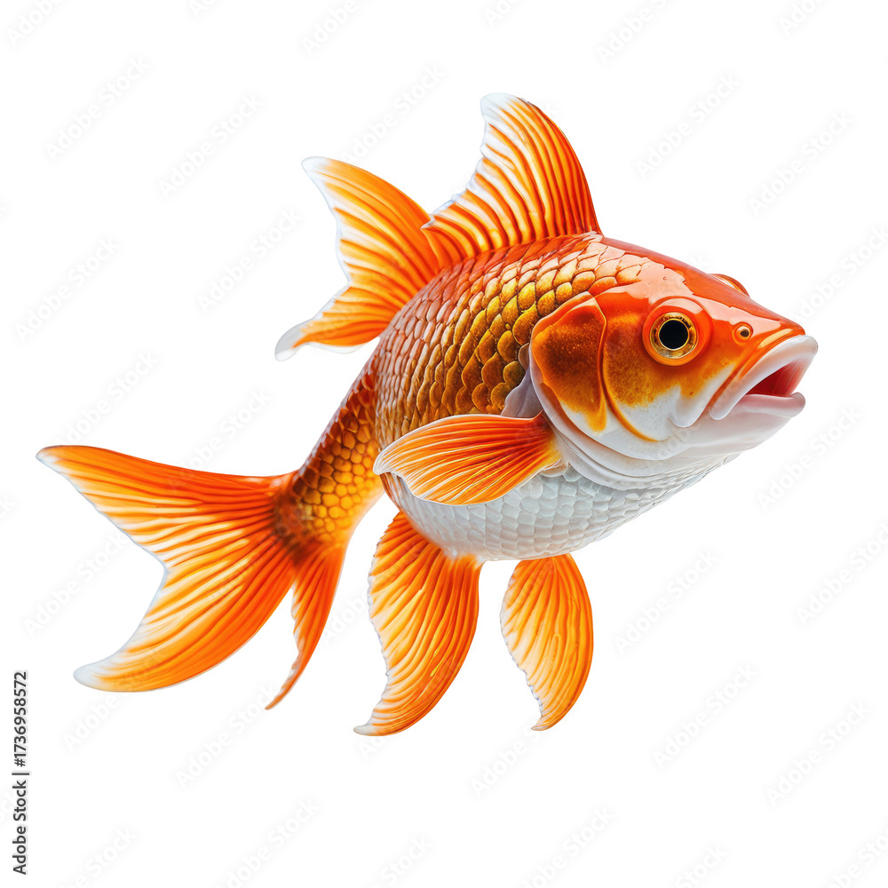 Fototapeta premium Vibrant orange goldfish with flowing fins, mouth open, isolated on black background