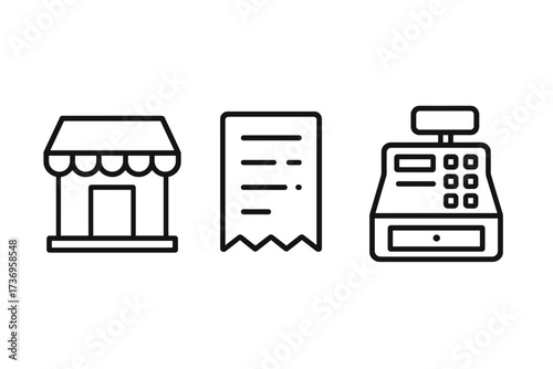Shopping line icon set. Store, receipt, cash register. Concept of retail, commerce, sales, payment, checkout, transaction. Thin line vector icons for web, app, graphic design.