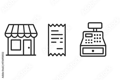Shopping icon set for retail business and e-commerce. Simple linear vector icons of a store, receipt, and cash register. For web design, apps, checkout, and payment concepts.