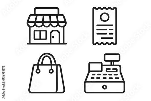 Shopping icon set with store, receipt, handbag, cash register. Vector line art for retail, ecommerce, sales, payment, business, app design, web graphics
