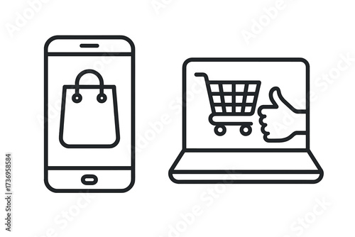 Online shopping and e-commerce vector icons. Smartphone with bag and laptop with cart and thumb up. Mobile commerce, digital store purchase, easy online ordering concept.